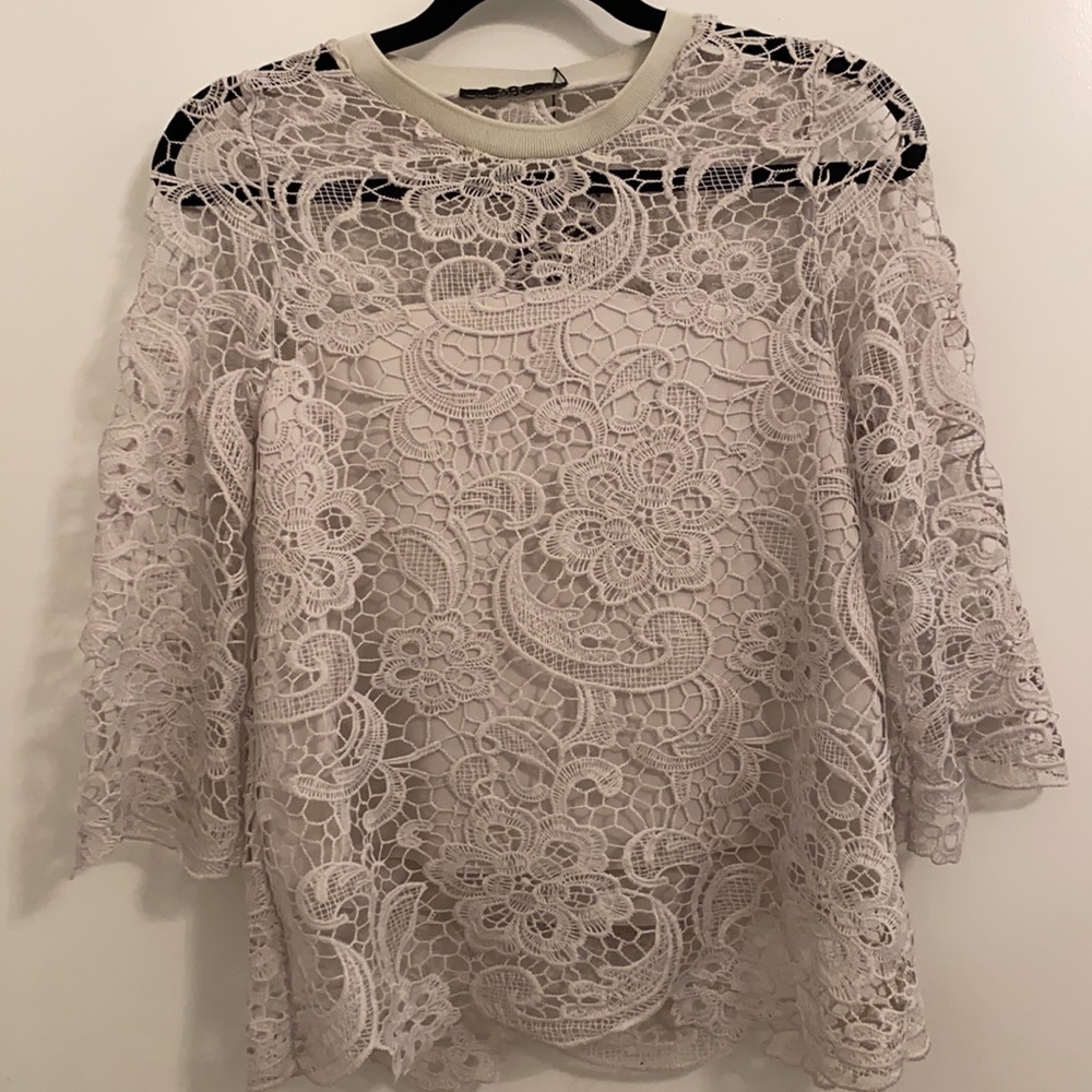 ZARA grey lined floral lace long sleeved top size S